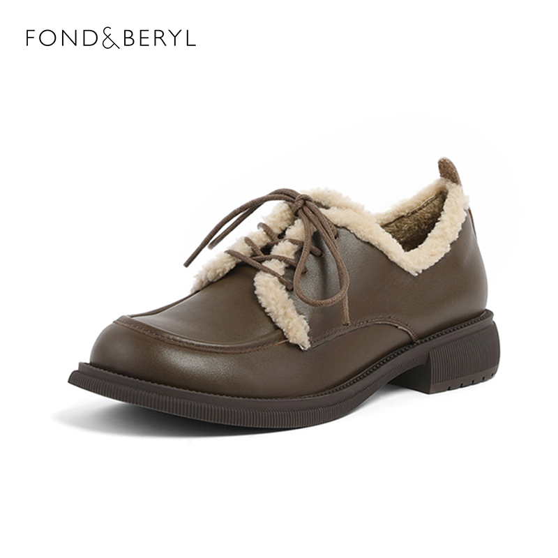 菲伯丽尔牛皮圆头系带绒里单鞋