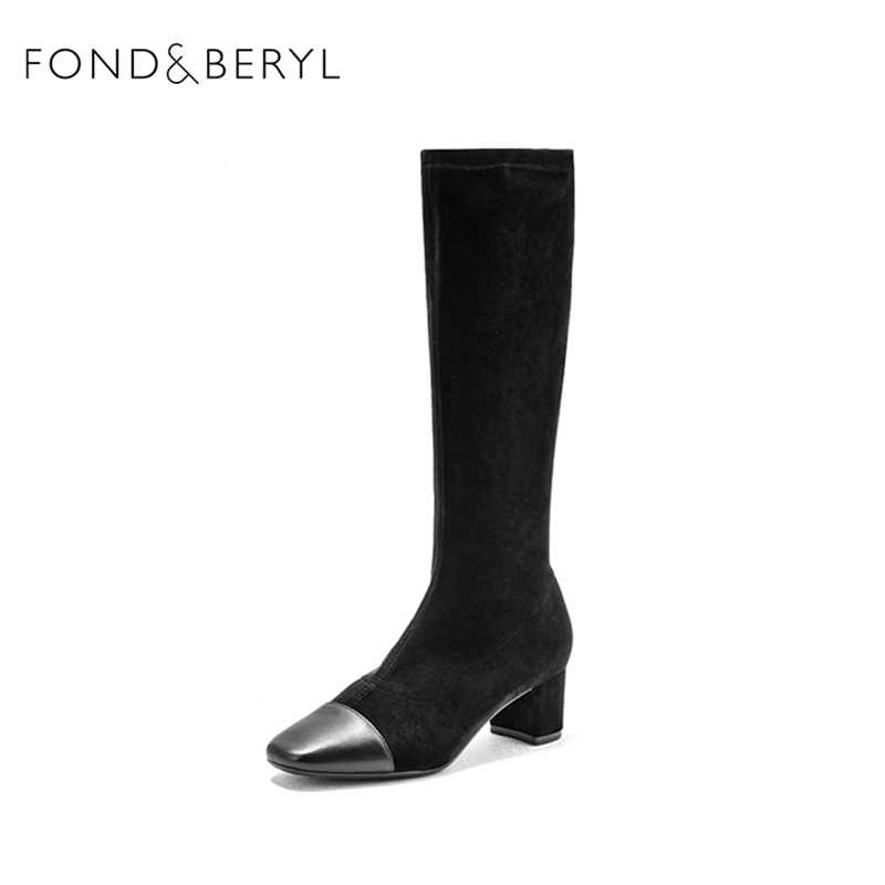 Fondberyl/菲伯丽尔秋冬羊皮拼接方头粗跟长筒瘦瘦靴女FB14117071