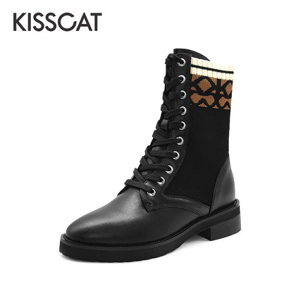 KISS CAT/接吻猫秋冬牛皮袜靴圆头系带粗跟马丁靴女KA21534-53