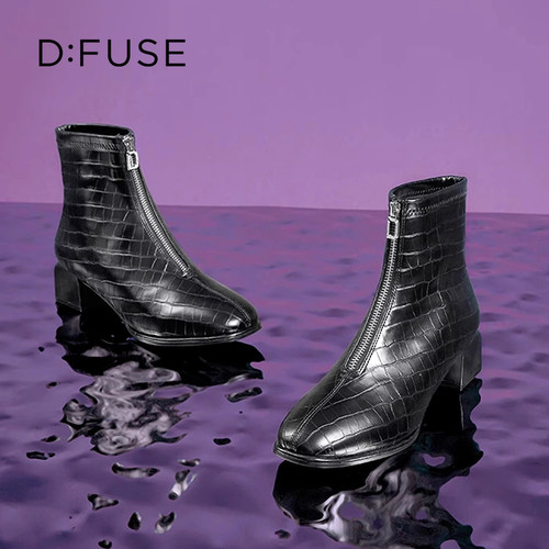 迪芙斯复古方头粗跟时装靴