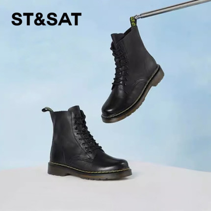 St&Sat/星期六秋冬牛皮马丁靴厚底增高系带户外短靴女SS14116765