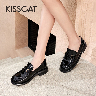 KISS 接吻猫春秋牛漆皮金属扣一脚蹬厚底乐福鞋 女KA54196 CAT