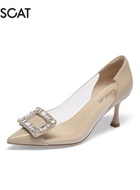KISS CAT/接吻猫春秋牛皮水钻方扣尖头浅口高跟单鞋女KA43172-10