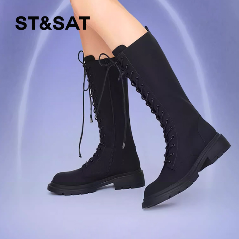 星期六时尚帅气厚底系带骑士靴女