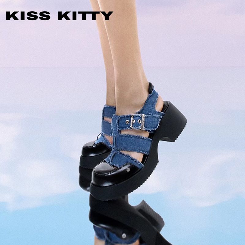 KISSKITTY复古粗跟包头罗马凉鞋