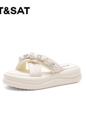 St&Sat/星期六夏季水钻蝴蝶结厚底增高一字型凉拖鞋女SSC2110C2J
