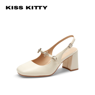 KISSKITTY春夏羊皮方头玛丽珍鞋粗高跟单鞋包头凉鞋女SA65127-82