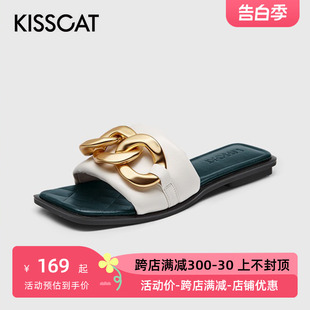 KISS 接吻猫夏季 CAT 方头露趾羊皮金属扣一字型拖鞋 女KA21330