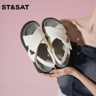 St&Sat 新款 圆头厚底增高一脚蹬休闲凉鞋 女SS32110D68 星期六夏季