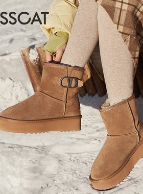 KISS CAT/接吻猫冬季牛反绒雪地靴加绒保暖户外短靴女KA43788-51
