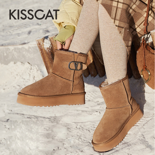 KISS CAT/接吻猫冬季牛反绒雪地靴加绒保暖户外短靴女KA43788-51