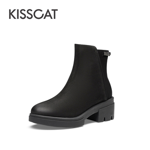 KISS CAT/接吻猫秋冬牛皮侧拉链保暖加绒厚底短靴女KA43720-50