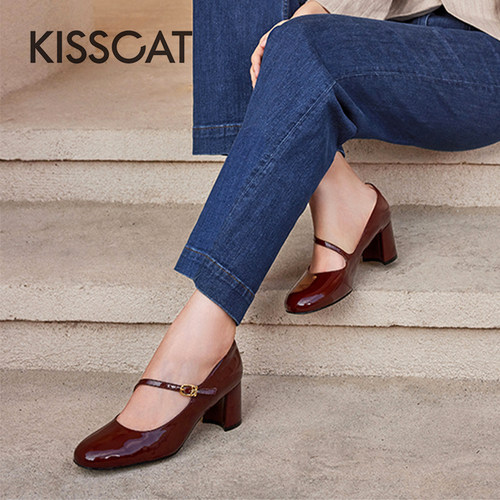 接吻猫牛漆皮粗高跟玛丽珍鞋