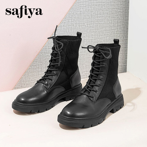 索菲娅时尚拼接弹力前系带短靴女