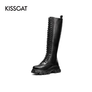 KISSCAT/接吻猫秋冬牛皮系带长筒靴厚底侧拉链时装靴女KA10554-52