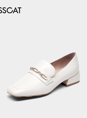 KISSCAT/接吻猫春秋羊皮拼接方头链条低粗跟乐福单鞋女KA21124-10