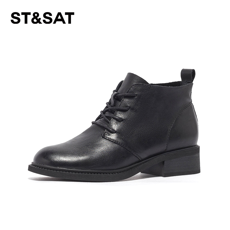 星期六秋冬牛皮粗跟马丁靴女