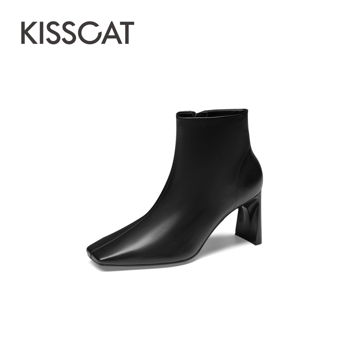 接吻猫牛皮方头粗高跟时装短靴