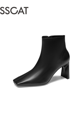 KISS CAT/接吻猫秋冬牛皮时装靴方头粗高跟通勤短靴女KA43526-12