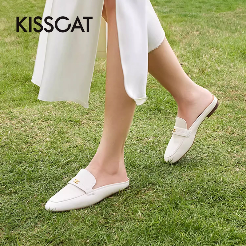 接吻猫羊皮低跟包头拖鞋