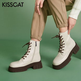 接吻猫秋冬牛皮户外马丁靴侧拉链厚底短靴女KA32773 KISS CAT