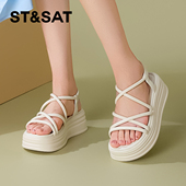 St&Sat 女SSD2115CR2 松糕厚底增高露趾凉鞋 星期六夏季 罗马凉鞋