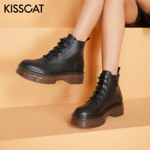 接吻猫秋冬牛皮厚底马丁靴拼色侧拉链短靴女KA32742 KISS CAT