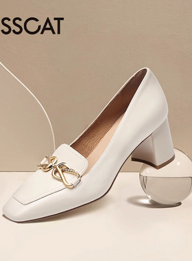 KISS CAT/接吻猫春秋新款牛皮乐福鞋方头粗高跟单鞋女KA43112-11
