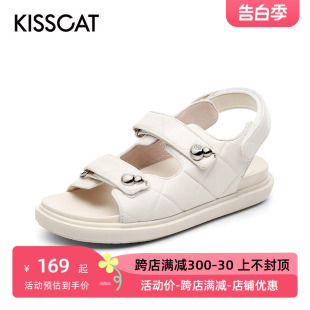 KISS 接吻猫夏季 CAT 羊皮圆头露趾魔术贴厚底凉鞋 女KA21340