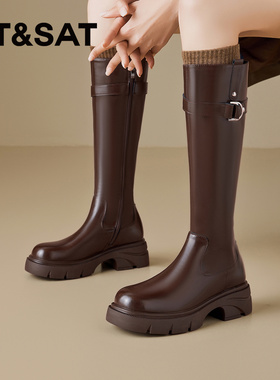 St&Sat/星期六秋冬厚底骑士靴显瘦高筒靴侧拉链长靴女SSE1117C10