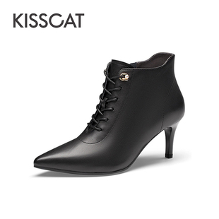 KISS CAT/接吻猫秋冬羊皮珍珠时装靴尖头细高跟短靴女KA43715-15