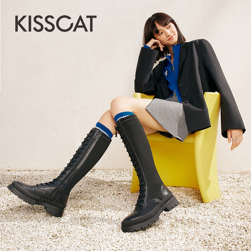 KISS CAT/接吻猫秋冬牛皮绑带骑士靴厚底增高长筒靴女KA32740-53