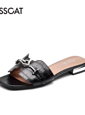 KISSCAT/接吻猫夏季方头牛皮一字型低跟外穿露趾拖鞋女KA21303-10