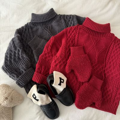 儿童毛衣冬季男童2025新款小童半高领套头衫纯色宝宝针织衫女加厚