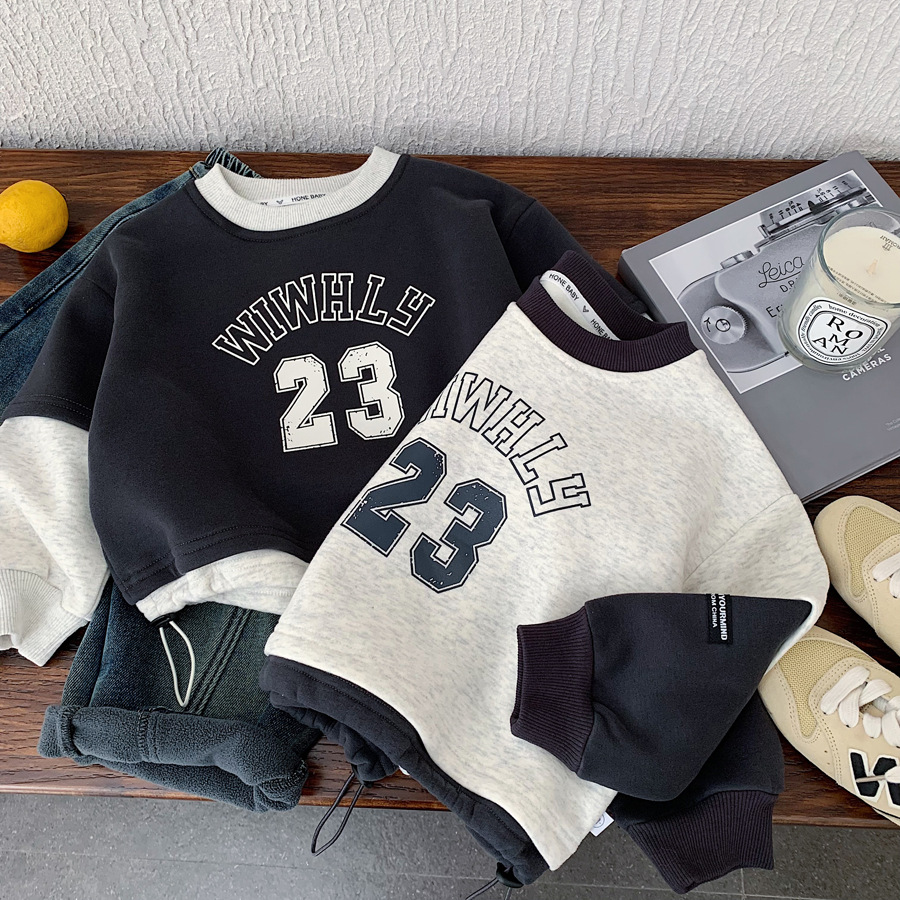 男童加绒卫衣2025冬季新款儿童撞色保暖休闲上衣时尚拼接套头衫潮