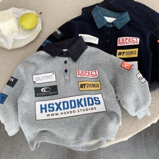 儿童外套男机车风秋冬新款宝宝字母POLO衫潮洋气小童套头衫女加绒