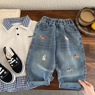 儿童牛仔裤秋季2025新款男女童纯色长裤子卡通印花宝宝直筒休闲裤