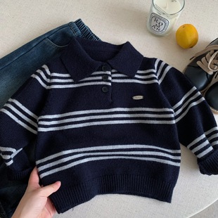 儿童Polo领毛衣男女童加厚休闲针织衫2025冬款宝宝条纹套头打底衫