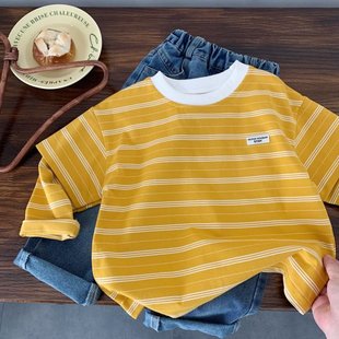 儿童假两件T恤男春秋款小童装卡通上衣纯棉宝宝条纹打底衫女长袖