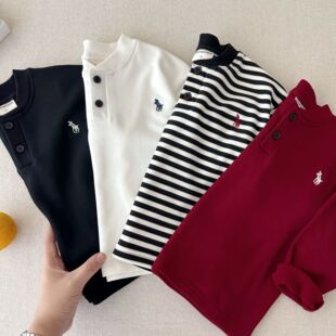 儿童弹力打底衫 小童纯色上衣拼色潮宝宝条纹T恤女加绒 澳绒男冬款