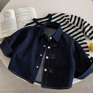 儿童牛仔衬衫男韩版2026春秋新款小童纯色衬衣明线宝宝外套女洋气