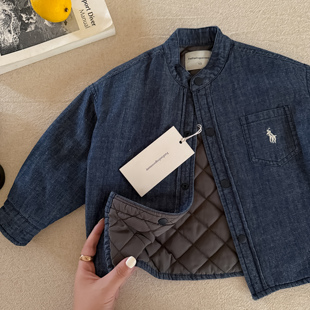 儿童夹棉衬衫男冬季小童牛仔衬衣加厚潮牌宝宝纯色棉服外套女洋气