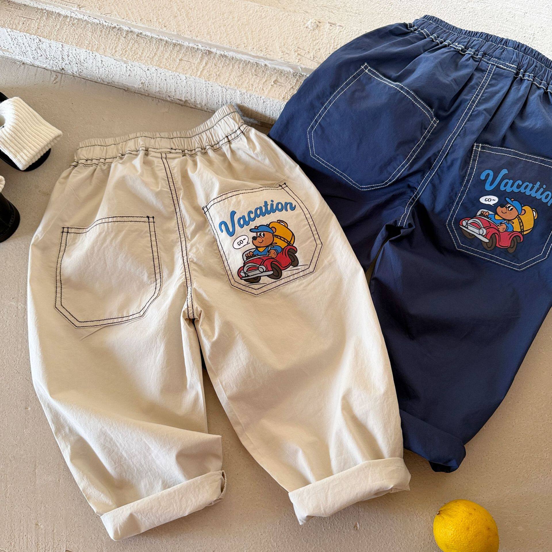 儿童夏季长裤男薄款2026新款小童口袋直筒裤明线宝宝防蚊女卡通