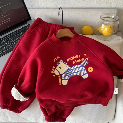 儿童加绒套装男女童加厚两件套宝宝新卡通卫衣红色卫裤喜庆拜年服