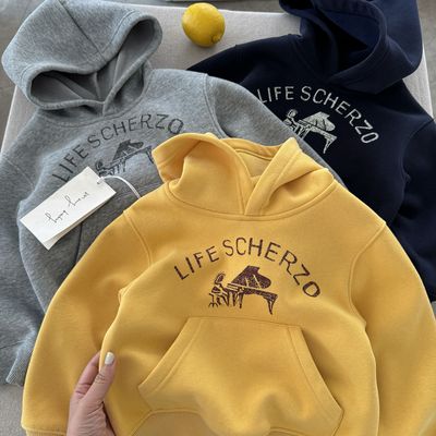 儿童连帽卫衣男女童加绒外套2025冬季新款宝宝字母加厚打底衫保暖