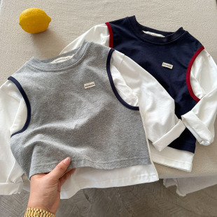 儿童假两件T恤2026春秋新款 男女童字母背心学院风宝宝上衣女洋气