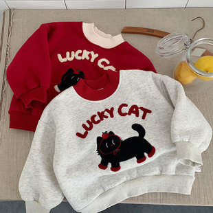 儿童加绒卫衣2025冬季新款宝宝猫咪套头衫加厚男女童卡通上衣保暖