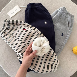 儿童卫裤男童加厚冬季款小童条纹长裤纯色一体绒宝宝女束脚裤加绒
