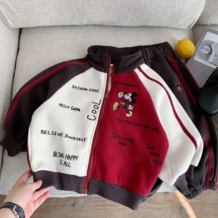 儿童加绒套装冬男童拼色两件套宝宝保暖运动装女童休闲装