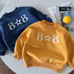 儿童加绒卫衣男2026秋冬新款中小童数字印花上衣宝宝套头衫女洋气